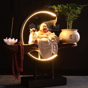Kệ Trang Trí Đèn Led, Tháp Trầm Hương Vòng Tròn Hào Quang Kèm Tượng Di Lặc