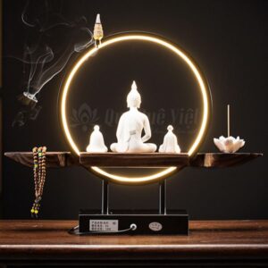 Thác Khói Trầm Hương, Tượng Phật Ngồi Trên Đế Gỗ, Vòng Tròn Chiếu Sáng Bằng Đèn Led